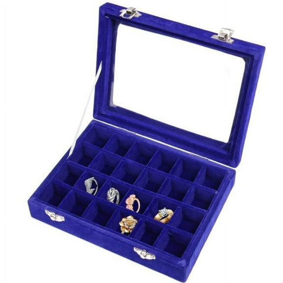 24 Grid Velvet Jewelry Box, Jewelry Display Showcase Tray Earrings Rings Necklaces Bracelet Organizer Holder Jewelry Storage Box Case for Girls Women Mom Wife (Blue)