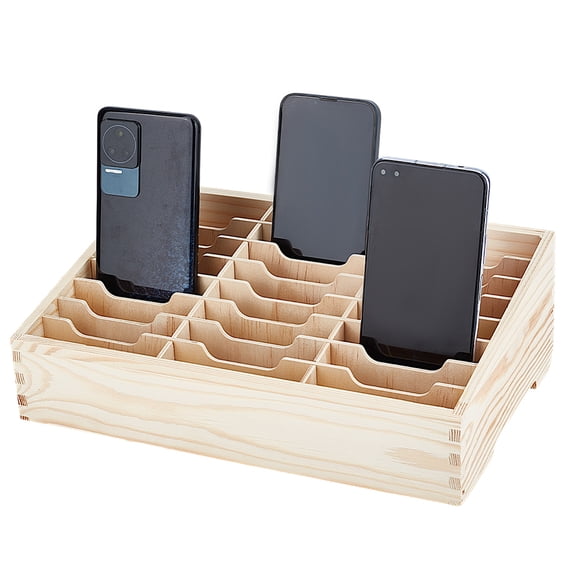 24-Grid Wooden Cell Phone Storage Box Mobile Phone Holder Desktop Organizer Storage Box for Classroom Office White 308x192x99mm
