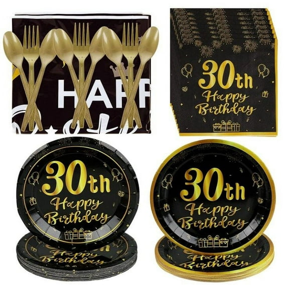 24 Guests Complete 30th Birthday Party Tableware Set, Vintage Style Disposable Plates, Cutlery, Napkins, Supplies Bundle with Decorative 9-Inch & 7-Inch Plates, Spoons, Forks, Tablecloth