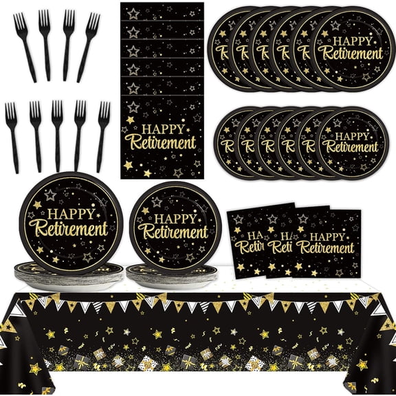 24 Guests Happy Retirement Party Supplies, Black Gold Retirement Plates Napkins Tablecloth Forks Set for Man and Woman, Disposable Tableware Graduations Party Decorations Favors