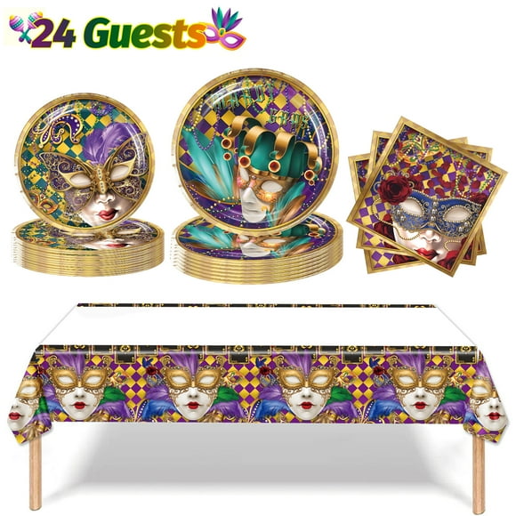 24 Guests Mardi Gras Tableware Set Disposable Paper Plates and Napkins Tablecloth  Fat Tuesday Table Cover Dinnerware Set for New Orleans Carnival Party Holiday Dinner Supplies