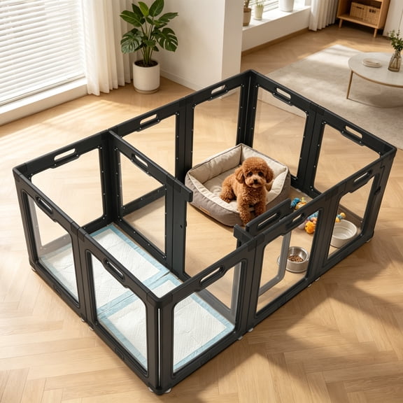 24" H Clear Acrylic Dog Playpen,12-Panel Modern Black Indoor Pet Fence DIY Modular Design with Walk-Through Door*2, Quick Tool-Free Assembly, 20"Wx24"H per, for Puppies, Rabbits & Small Pets