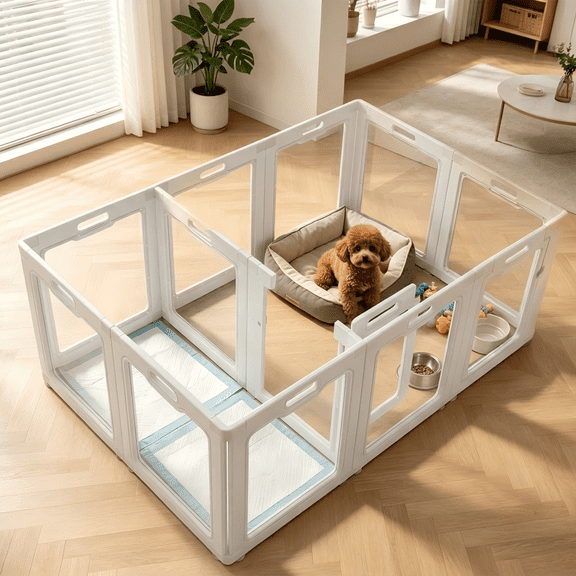 24" H Clear Acrylic Dog Playpen,12-Panel Modern White Indoor Pet Fence DIY Modular Design with Walk-Through Door*2, Quick Tool-Free Assembly, 20"Wx24"H per, for Puppies, Rabbits & Small Pets