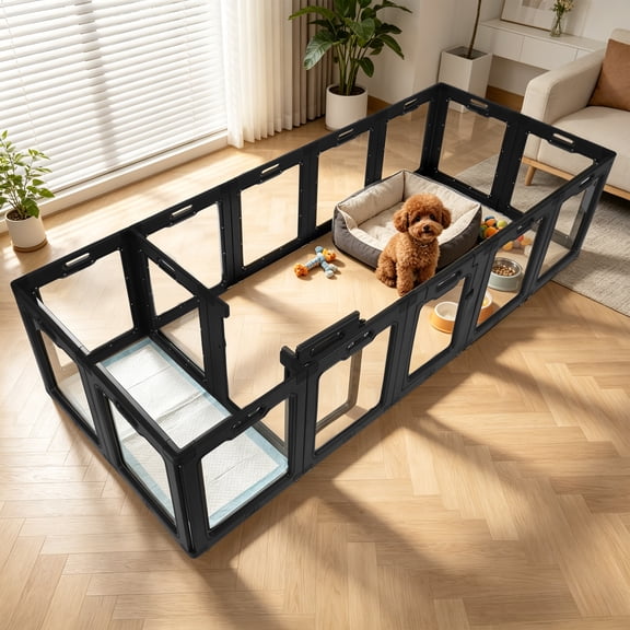 24" H Clear Acrylic Dog Playpen,16-Panel Modern Black Indoor Pet Fence DIY Modular Design with Walk-Through Door*2, Quick Tool-Free Assembly, 20"Wx24"H per, for Puppies, Rabbits & Small Pets