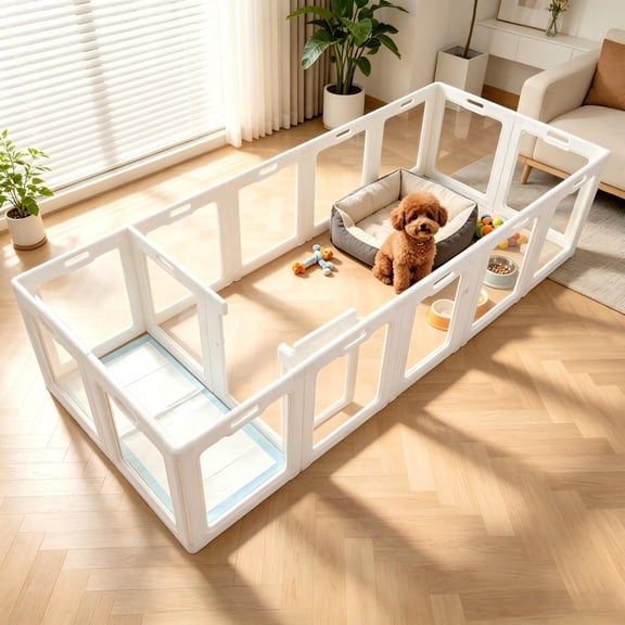 24" H Clear Acrylic Dog Playpen,16-Panel Modern White Indoor Pet Fence DIY Modular Design with Walk-Through Door*2, Quick Tool-Free Assembly, 20"Wx24"H per, for Puppies, Rabbits & Small Pets