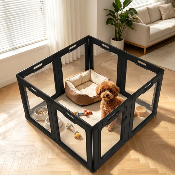 24" H Clear Acrylic Dog Playpen,8-Panel Modern Black Indoor Pet Fence DIY Modular Design with Walk-Through Door, Quick Tool-Free Assembly, 20"Wx24"H per, for Puppies, Rabbits & Small Pets