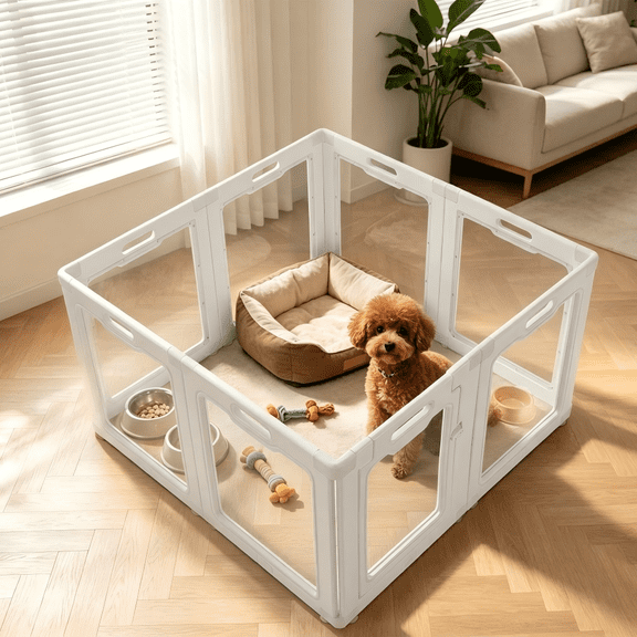 24" H Clear Acrylic Dog Playpen,8-Panel Modern White Indoor Pet Fence DIY Modular Design with Walk-Through Door, Quick Tool-Free Assembly, 20"Wx24"H per, for Puppies, Rabbits & Small Pets