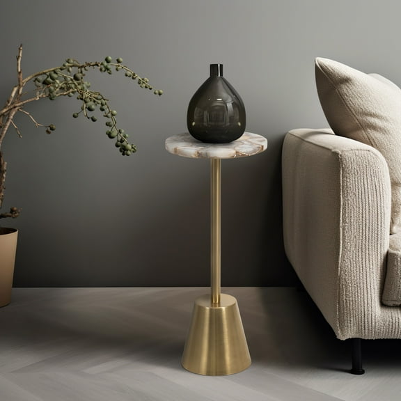 24"H Gold Iron Accent Side Table with Polished Edge Agate Top for Contemporary and Glamorous Living Room or Office Decor