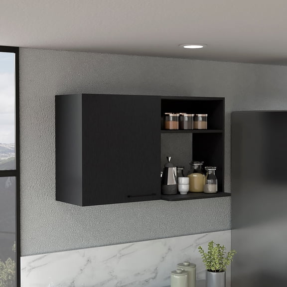 24" H Stackable Wall Storage Cabinet, Black, Two Internal Shelves, Outer One Door - Gleaming Kitchen Cabinet H, With External Alluring