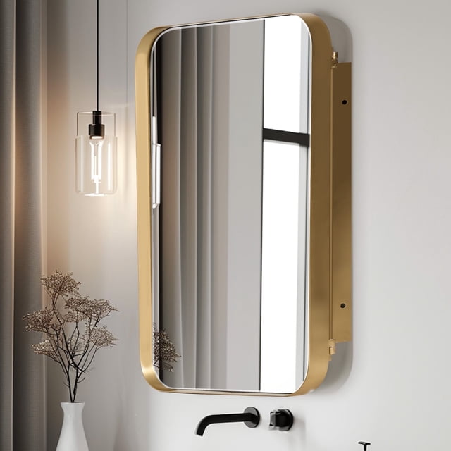 Soges Medicine Cabinet Bathroom Mirror Cabinet Iron Frame with 2 Adjustable Shelves, Recess or Surface Mounted Installation, 23.6" x 15.7", Gold