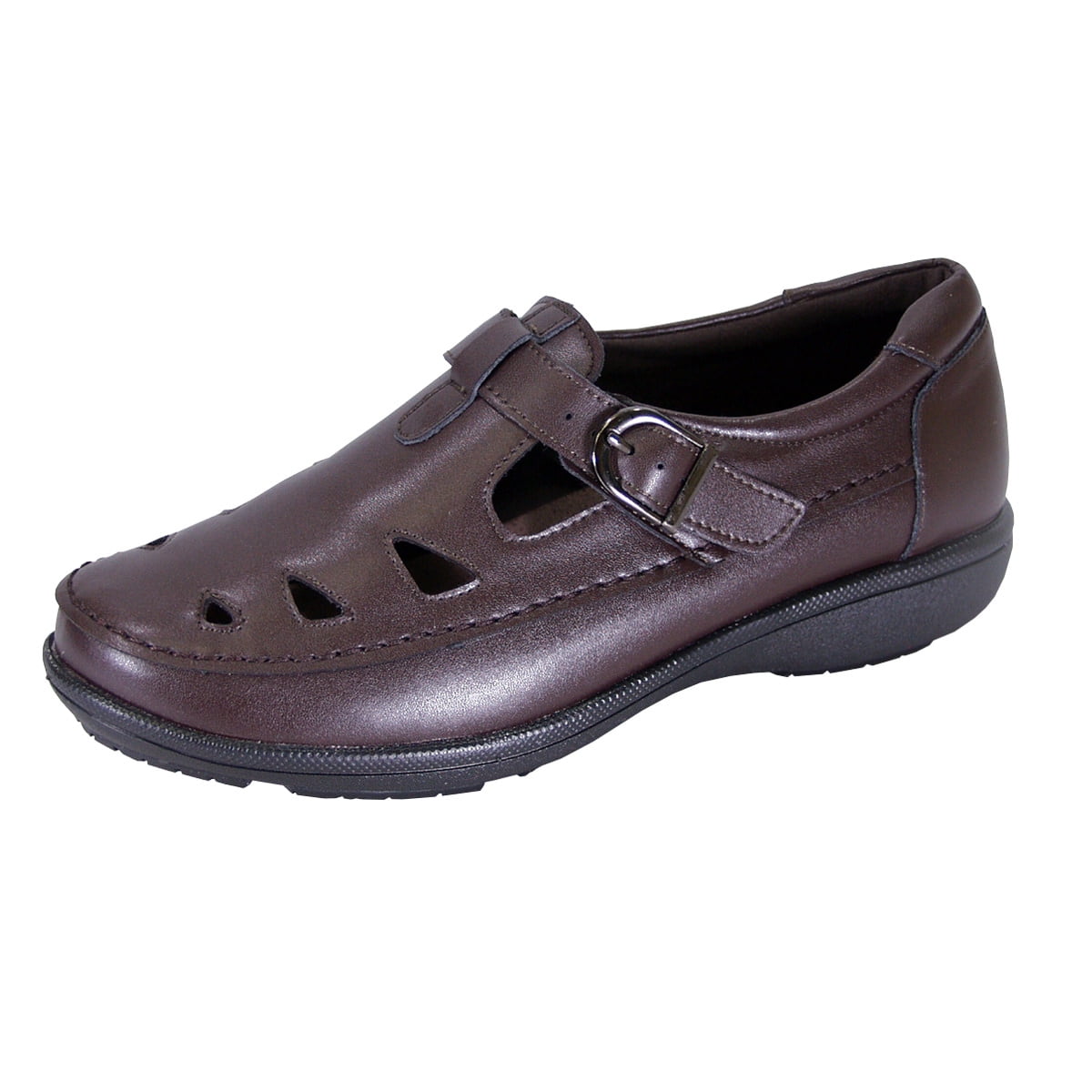 24 HOUR COMFORT Annette Women Wide Width Casual Leather Loafer with Adjustable Buckle Strap BROWN 9