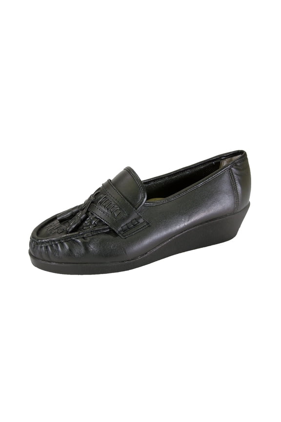Brenda Wide Width Moccasin Design Woven Leather Shoes BLACK 9.5