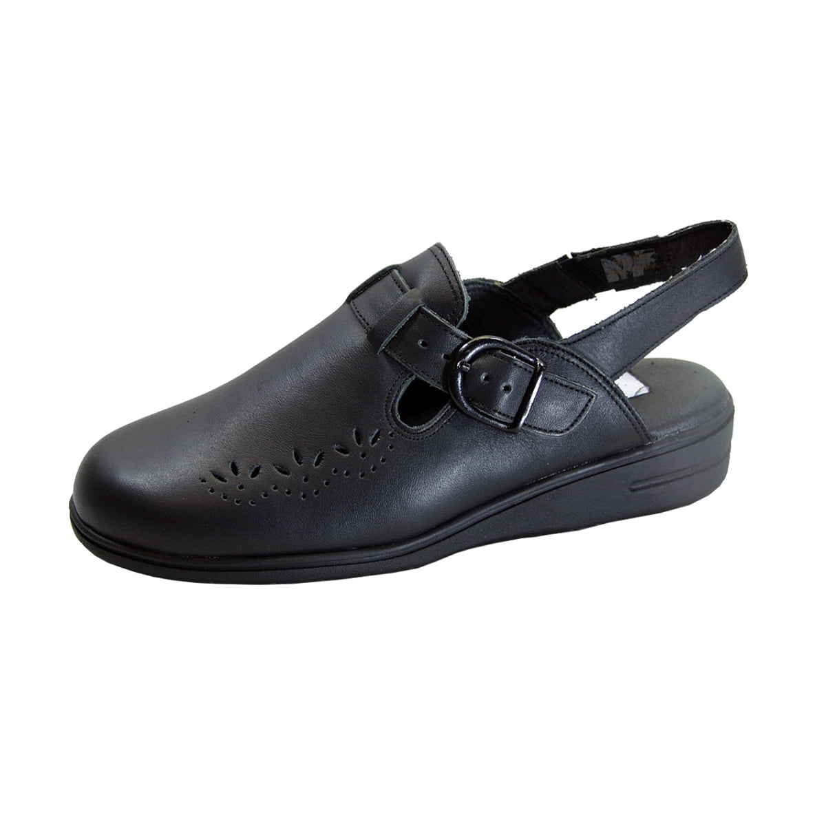 24 HOUR COMFORT Leslie Women's Wide Width Leather Back Strap Clogs BLACK 7.5