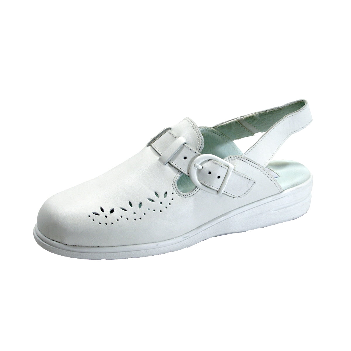 24 HOUR COMFORT Leslie Women's Wide Width Leather Back Strap Clogs WHITE 5.5