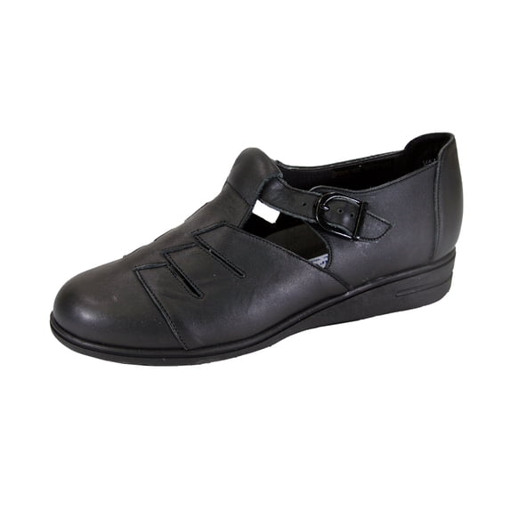 24 HOUR COMFORT Mara Wide Width Casual T-Strap Leather Shoes BLACK 10