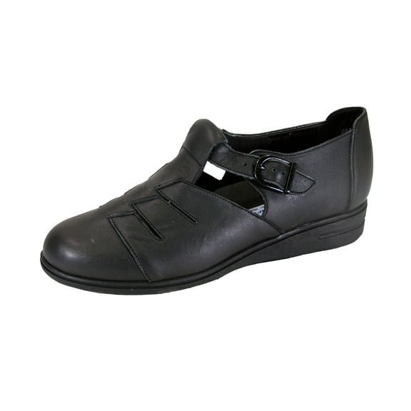 24 HOUR COMFORT Mara Wide Width Casual T-Strap Leather Shoes BLACK 7.5