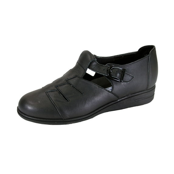 24 HOUR COMFORT Mara Wide Width Casual T-Strap Leather Shoes BLACK 8.5