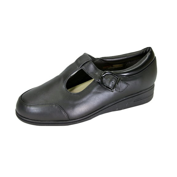 24 HOUR COMFORT Maryann Wide Width Classic Leather Comfort Slip On Shoes with Buckle BLACK 7