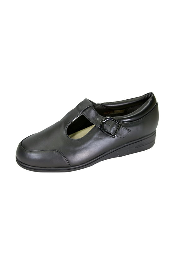 Maryann Wide Width Classic Leather Comfort Slip On Shoes with Buckle BLACK 7