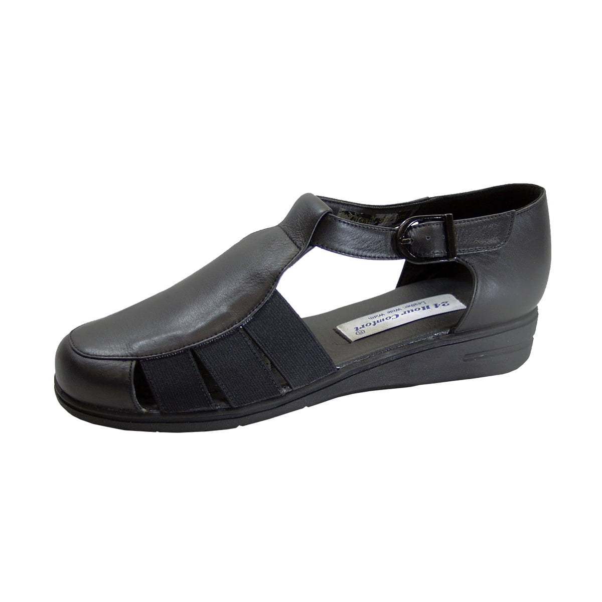 24 HOUR COMFORT Nala Women's Wide Width T-Strap Comfort Leather Shoes BLACK 8.5