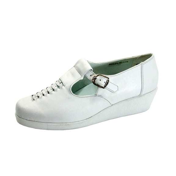 24 HOUR COMFORT Shona Women's Wide Width Comfort T-Strap Leather Shoes WHITE 5.5