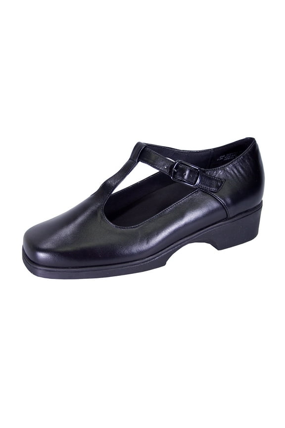 Tracy Wide Width Durable Cushioned T-Strap Leather Shoes BLACK 6.5