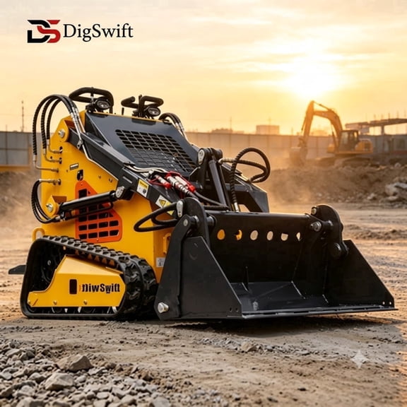 DigSwift 24HP Mini Tracked Skid Steer Loader, Equipped with a 4-in-1 Bucket and a high-Performance Three-Pump, Three-Valve Hydraulic System; Applicable to the fields of farms and construction