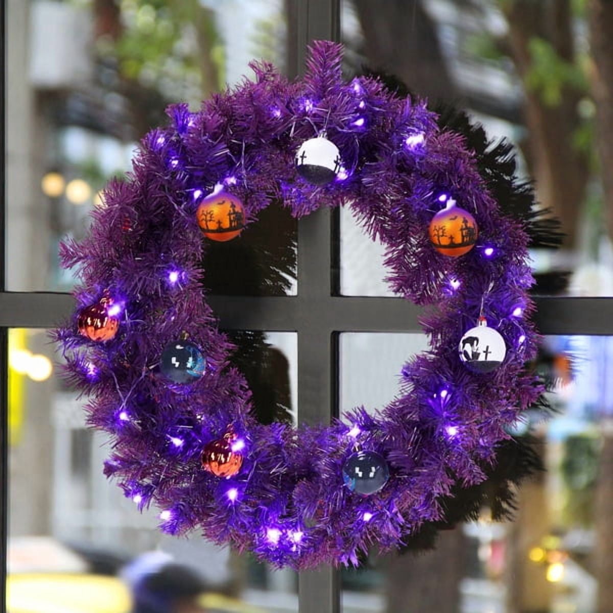 24" Halloween-Themed Christmas Wreath - Purple Pre-Lit Wreath with 50 Purple/Orange LEDs, 100 PVC Tips, DIY Ornament Pack for Indoor/Outdoor Decor