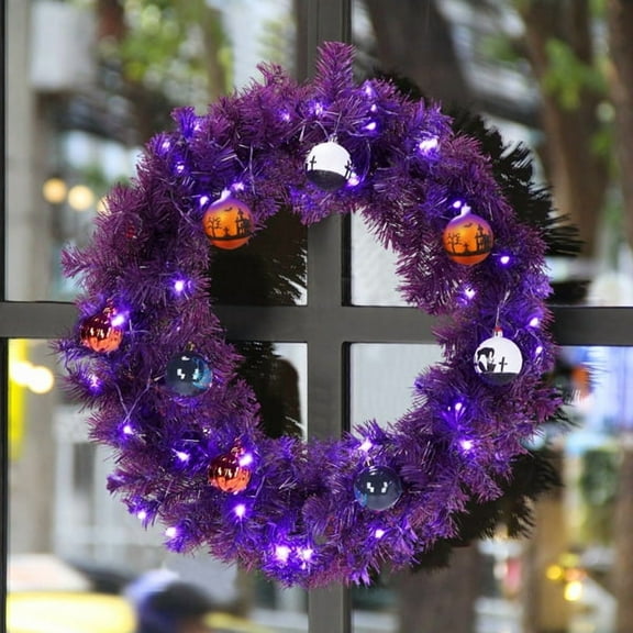 24" Halloween-Themed Christmas Wreath - Purple Pre-Lit Wreath with 50 Purple/Orange LEDs, 100 PVC Tips, DIY Ornament Pack for Indoor/Outdoor Decor