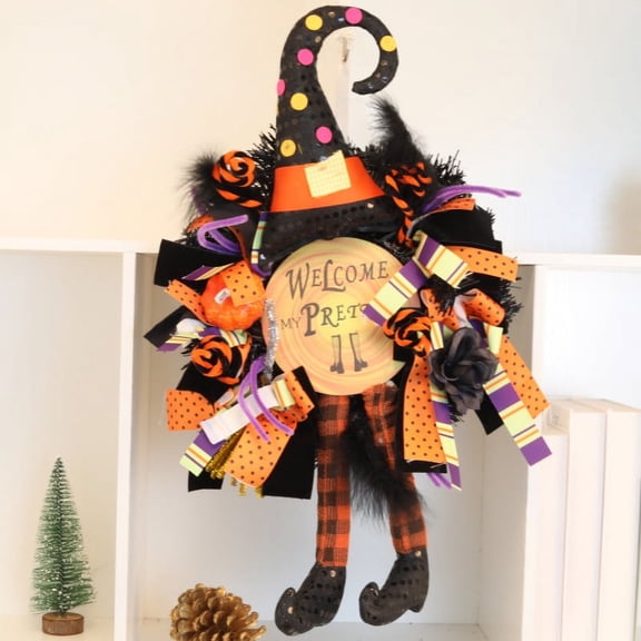 24" Halloween Witch Wreath Hat Legs Pumpkin Front Door Party Decoration Door Hanging