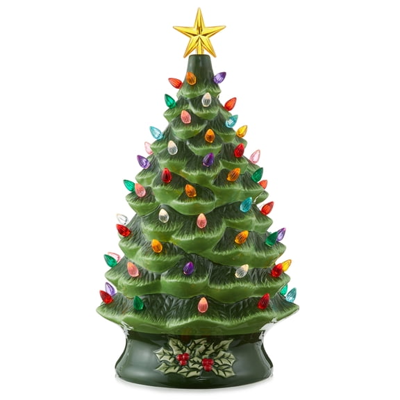 24" Hand Painted Ceramic Christmas Tree, Green Pre-Lit Tree with 148 Multi Color Lights and 2 Star Toppers
