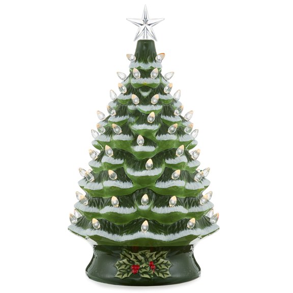 24" Hand Painted Ceramic Christmas Tree, Green Snow Flocked Pre-Lit Tree with 148 Multi Color Lights and 2 Star Toppers