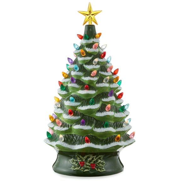 24" Hand Painted Ceramic Christmas Tree, Green Snow Flocked Pre-Lit Tree with 148 Multi Color Lights and 2 Star Toppers
