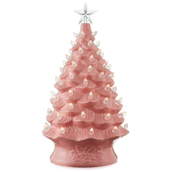 24" Hand Painted Ceramic Christmas Tree, Pink Pre-Lit Tree with 148 Multi Color Lights and 2 Star Toppers