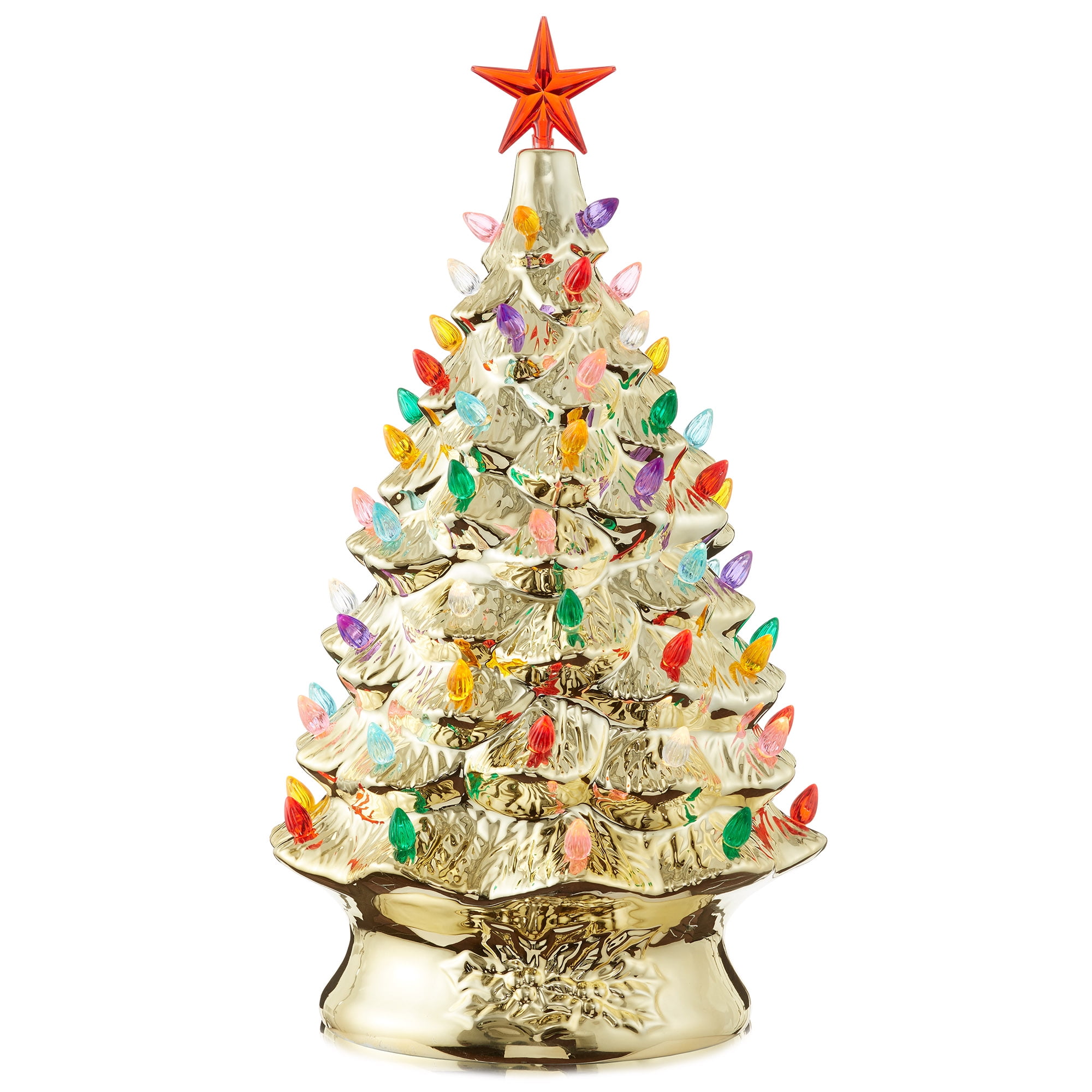 Gold Hand Painted Ceramic Christmas Tree with Multi Color Lights