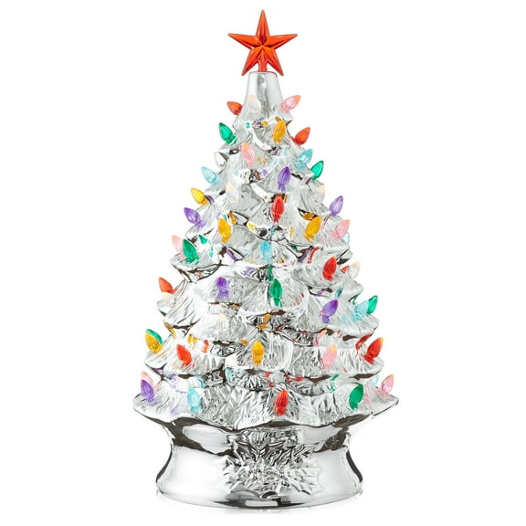 24" Hand Painted Ceramic Christmas Tree, Silver Pre-Lit Tree with 148 Multi Color Lights and 2 Star Toppers