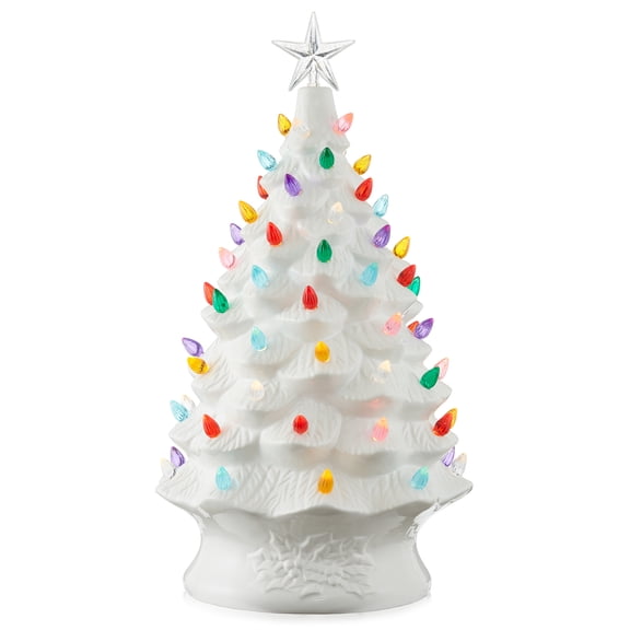 24" Hand Painted Ceramic Christmas Tree, White Pre-Lit Tree with 148 Multi Color Lights and 2 Star Toppers