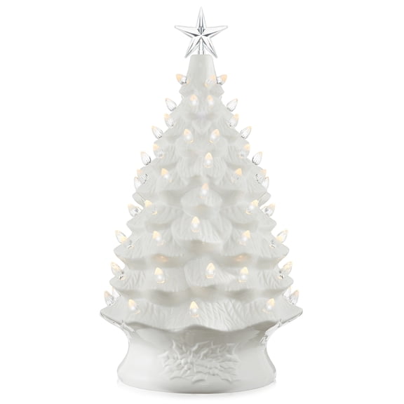 24" Hand Painted Ceramic Christmas Tree, White Pre-Lit Tree with 148 Multi Color Lights and 2 Star Toppers