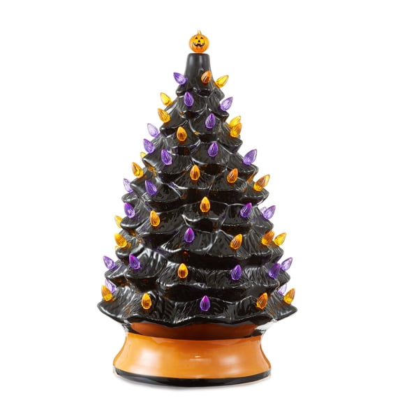 24" Hand Painted Ceramic Halloween Tree, Pre-Lit Decoration with 148 Multi-Color Lights, Jack-O-Lantern and Star Toppers