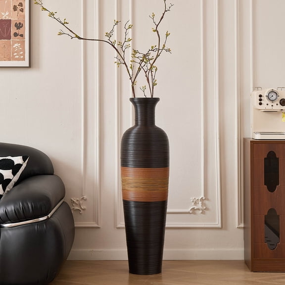24" Handwoven Pvc Rattan Floor Vase, 3-tone Sunset Gradient Finish, Boho Large Decorative Vase