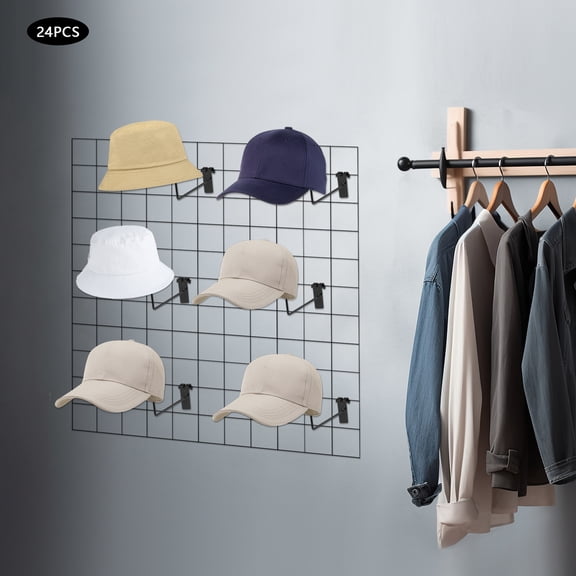 24*Hat Racks Hat Organizer Gridwall Hooks Slat Panels Cap Rack Retail Display for Home and Commercial Use