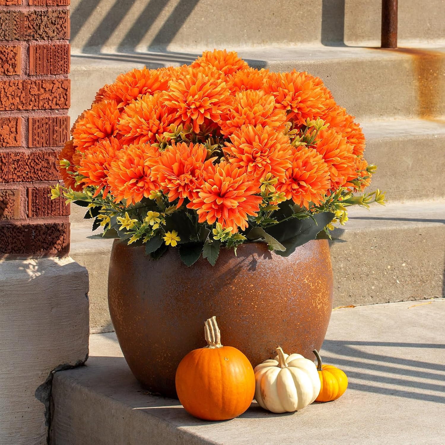 24 Heads Artificial Chrysanthemums Flowers Bouquets Silk Chrysanthemum Ball Fake Mum Artificial Mums for Outdoors Faux Silk Ball Flower for Home Table Centerpieces Decor (Orange)