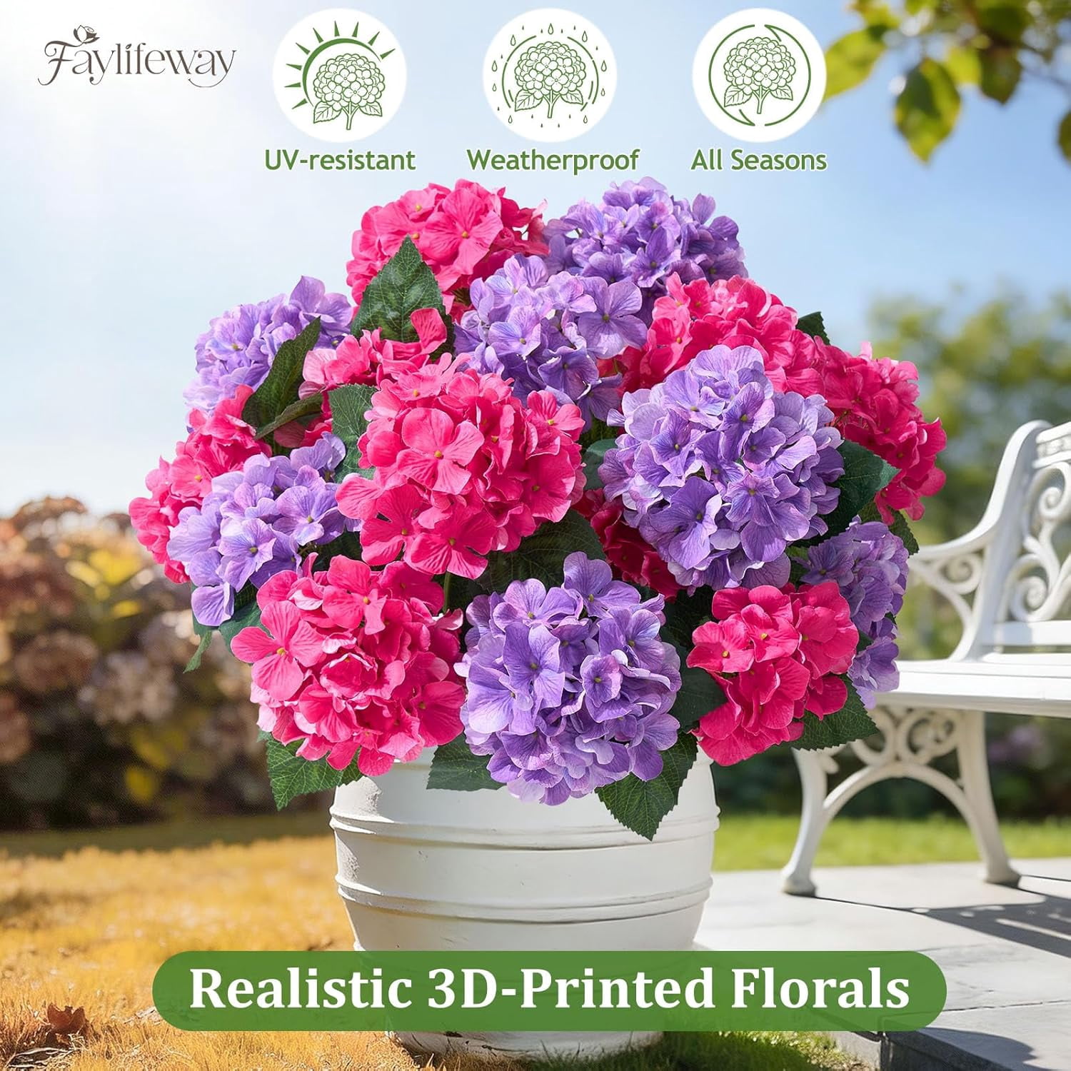 24 Heads Artificial Hydrangea Flowers for Outdoor Decor,  Faux Silk Planters Porch Garden Window Box  Decoration