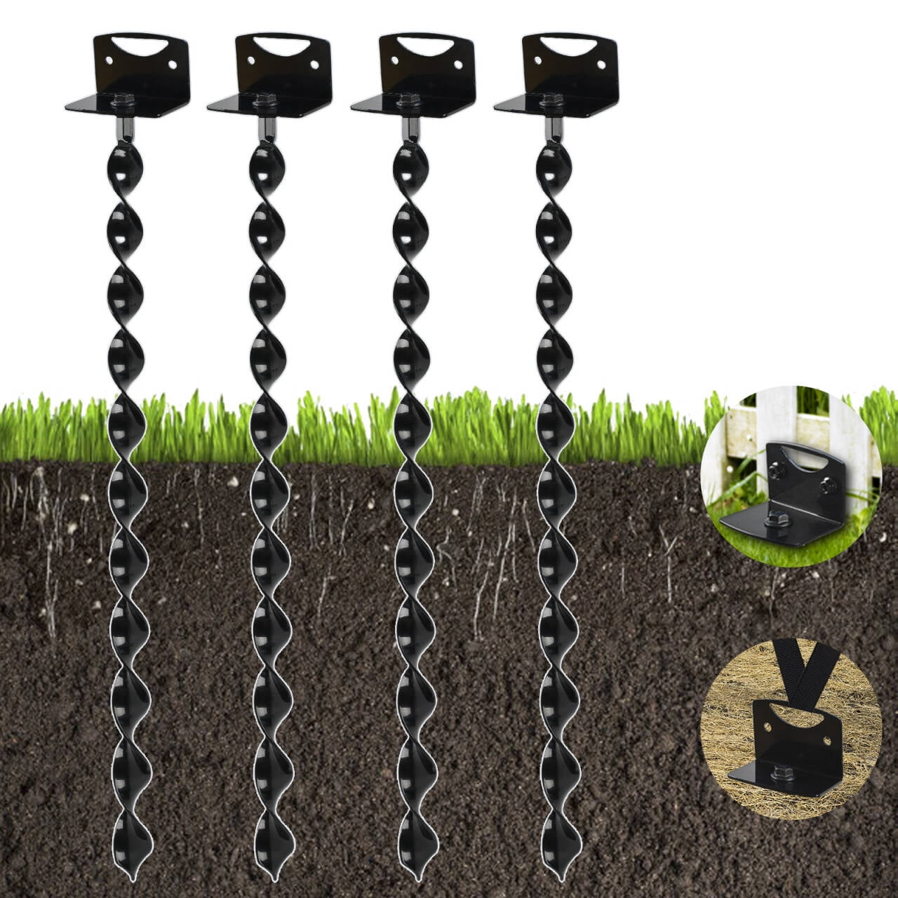 24" Heavy Duty Ground Anchors Screw in, 4 Pack Earth Anchors with Drill Adapter & Brackets, Metal Shed Anchor Kit for Storage Sheds, Mobile Home, Swing Set, Trampoline, Tent, Dog Tie-Out (No Straps)