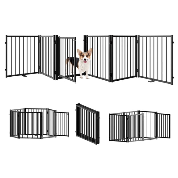 24''Height Full Matel Freestanding Dog Gate with Door, 6 Panels Extra Wide Free Standing Tall Dog Gates for Doorways,House,Stairs,Porch,Deck,Yard