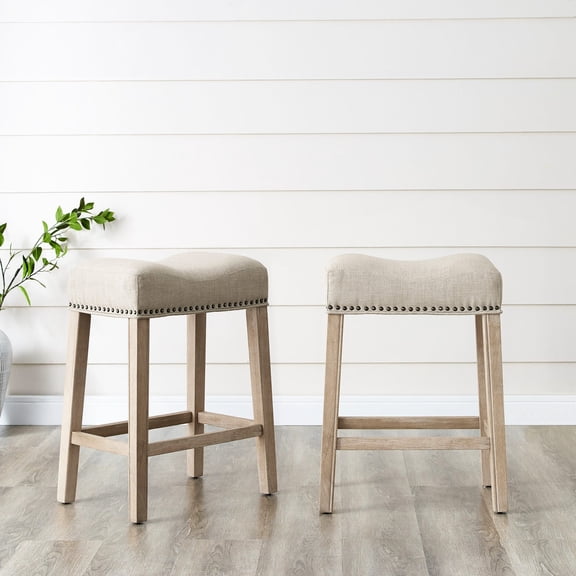 24" Height Stools Set of 2, Wood Saddle Design / Tan Upholstered, Residential Setup