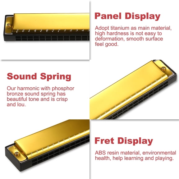 24-Hole Polyphony Diatonic Harmonica Key of C Tremolo Harp Mouth Organ with Protective Case for Kids Beginner Student Professional, 6.89 Inches / 17.5 cm, Gold