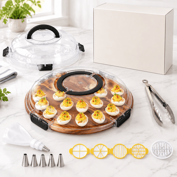 24-Hole Round Wood Deviled Egg Platter with Lid and Decorating Kit