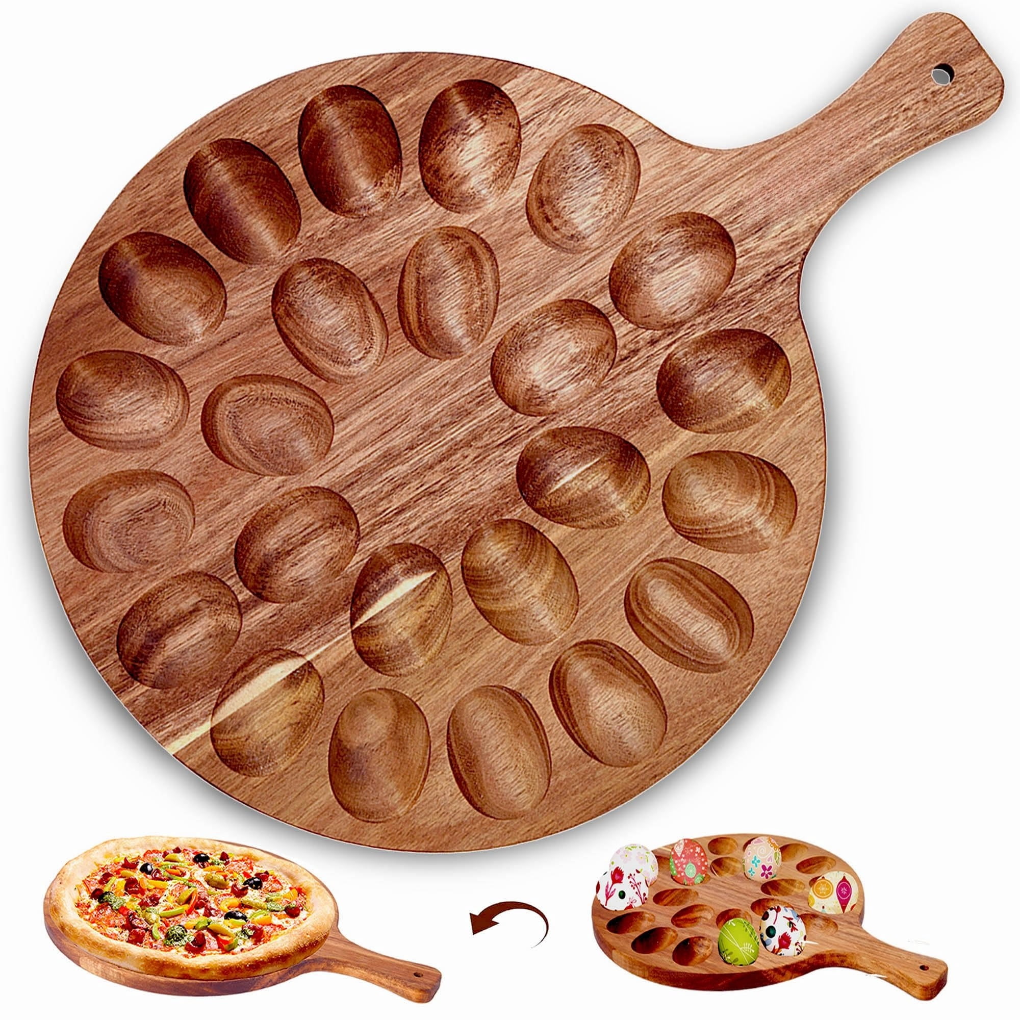 24 Holes Round Acacia Wood Deviled Egg Tray, Premium Wooden Deviled Egg Holder & Charcuterie Platter, Stylish Easter Deviled Egg Carrier for Home & Kitchen