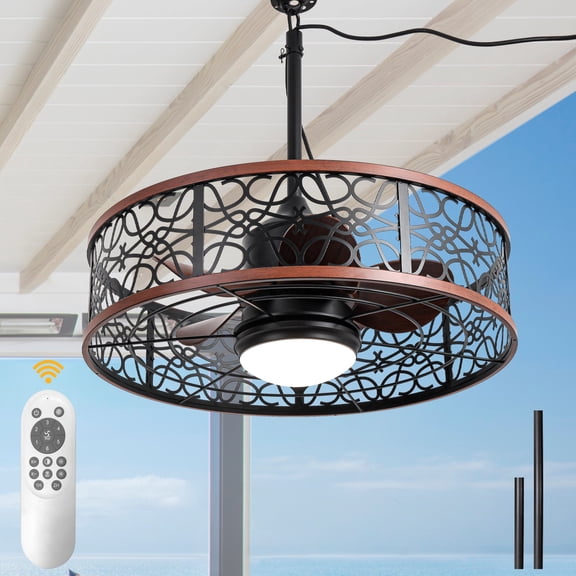 Cusp Barn 24 Hollow Metal Caged Outdoor Ceiling Fan with Remote and Lights, LED Ceiling Fan for Patio and Garden